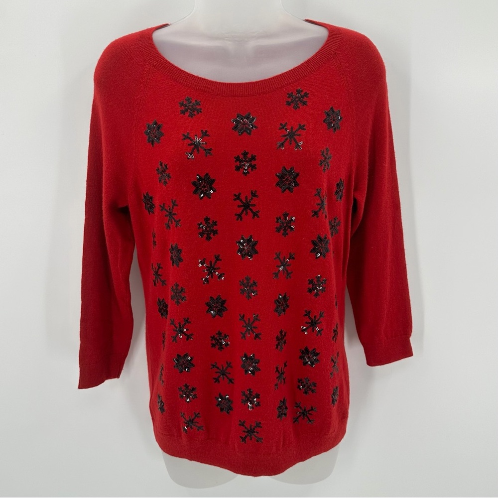 Talbots Petites Sweater Womens MP Red Lambswool Blend Knit Snowflakes 3/4 Sleeve